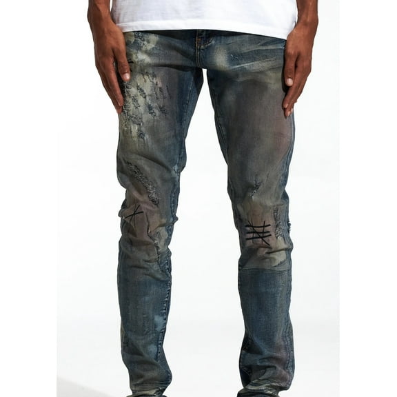Crysp Denim Men's Atlantic Distressed Rips Skinny Fit Jeans in Indigo Sand (30, Indigo Sand)