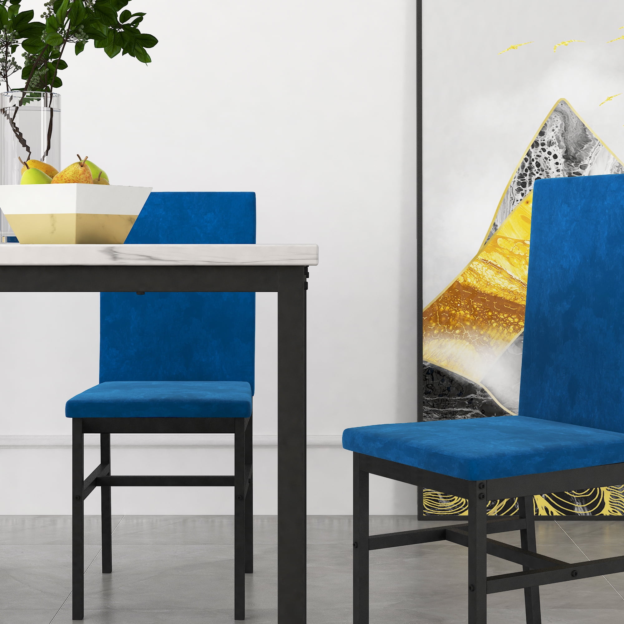 UHOMEPRO 5 Pieces Dining Table Set, Marble Top Dining Table and Chairs Set for 4, Blue Sturdy Iron Frame Dining Room Table Set with 4 Velvet Upholstered Chairs for Small Dining Room