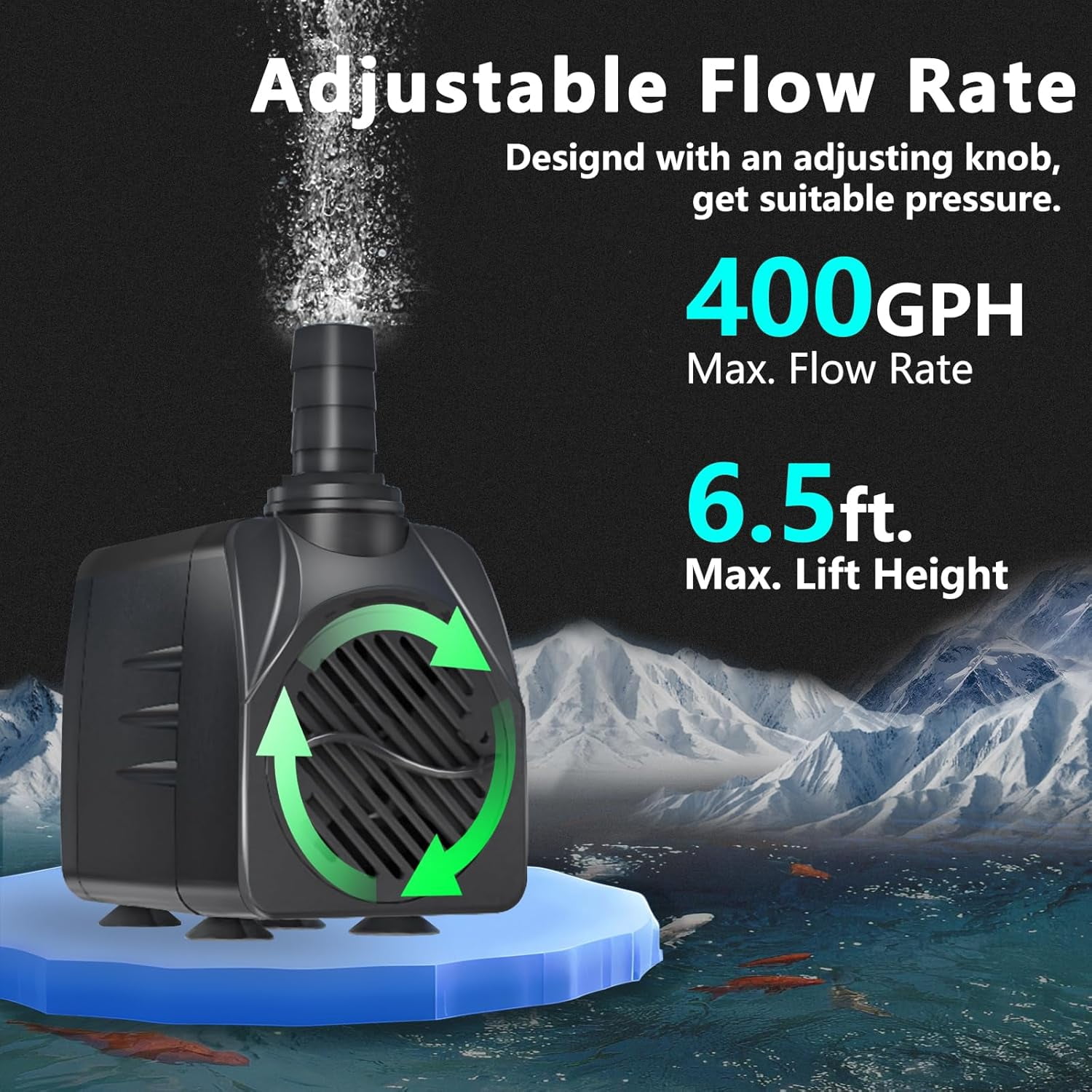 HIBIBUD 400GPH Auto-Shut-OFF Submersible Pond Pump (1500L/H 25W) Ultra Quiet Fountain Water Pump with 6.5ft High Lift, 3 Nozzles for Aquarium, Fish Tank, Pond, Hydroponics, Statuary, Water Feature.