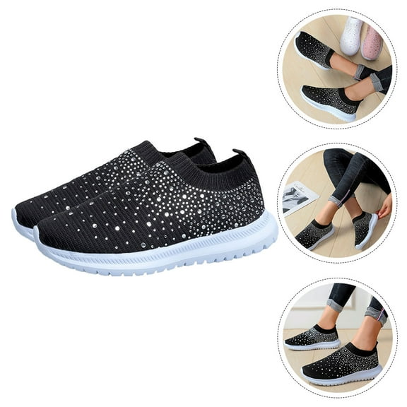 KALLORY 1 Pair Rhinestone Sneakers for Women Black Breathable Mesh Cloth Rubber for Sports