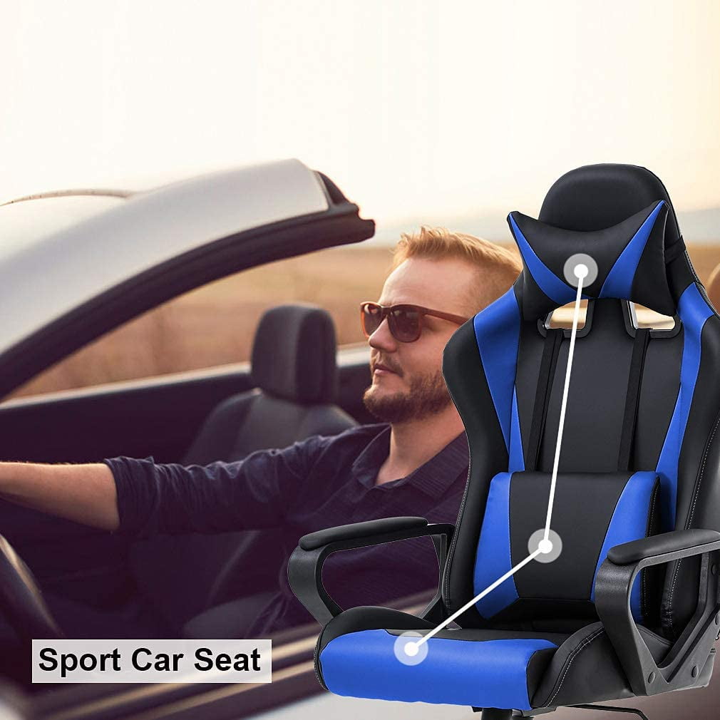 BestOffice Racing Style Gaming Chair with Adjustable Pillows and Reclining Backrest for Unisex Gamers(Blue)