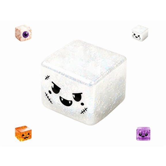 Halloween Fidget Squeeze Toys, Cute Themed Cube Stress Balls, Portable Sensory Decompression Toy, Great for Halloween Gifts Classroom Rewards Party Supplies (White)