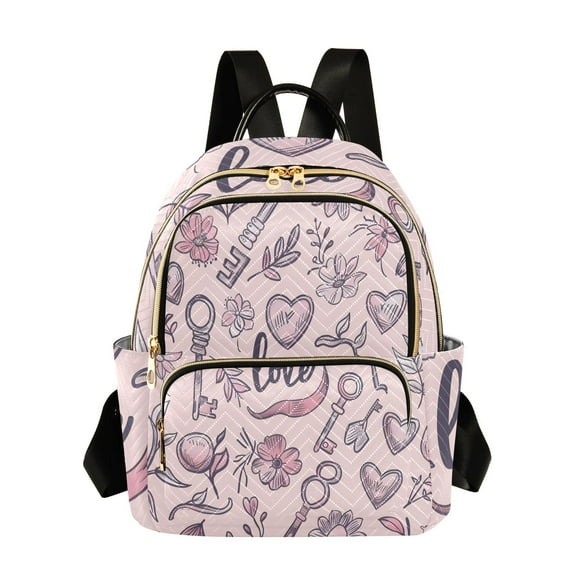 Pink Hearts Flowers Keys Travel Laptop Backpack Casual Daypack Lightweight Bookbag Compartment for Business
