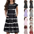 thumbnail image 1 of Girls Summer Sundress Casual Striped Midi Dress with Pockets Short Sleeve A-Line Summer Dress for Everyday Wear ,Sie:90, 1 of 9