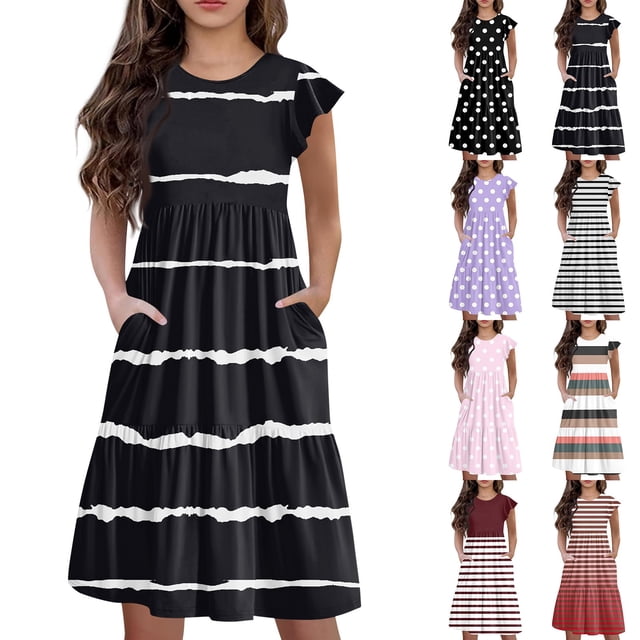 Girls Summer Sundress Casual Striped Midi Dress with Pockets Short Sleeve A-Line Summer Dress for Everyday Wear ,Sie:90