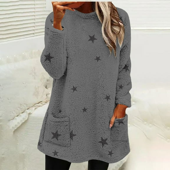 Women's Mid-Length Star Print Pullover, Double-Sided Fleece Hoodie, Loose Fit Round Neck Sweatshirt, Cozy Plush Long Sleeve Top, Kangaroo Pocket Casual Loungewear Grey L