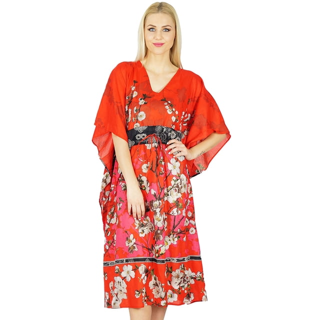 Bimba Kaftan Maxi en Coton Mi-Mollet pour Femmes, Couverture Kimono Orange à Manches