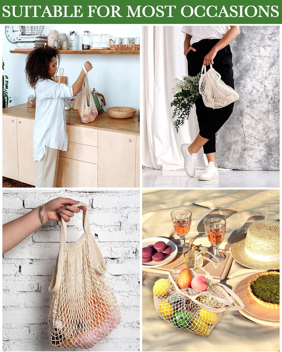YEKEYI 12 Pcs Reusable Mesh Grocery Bag Portable Cotton Produce Container Washable Net Mesh Reusable Tote Bag with Handle