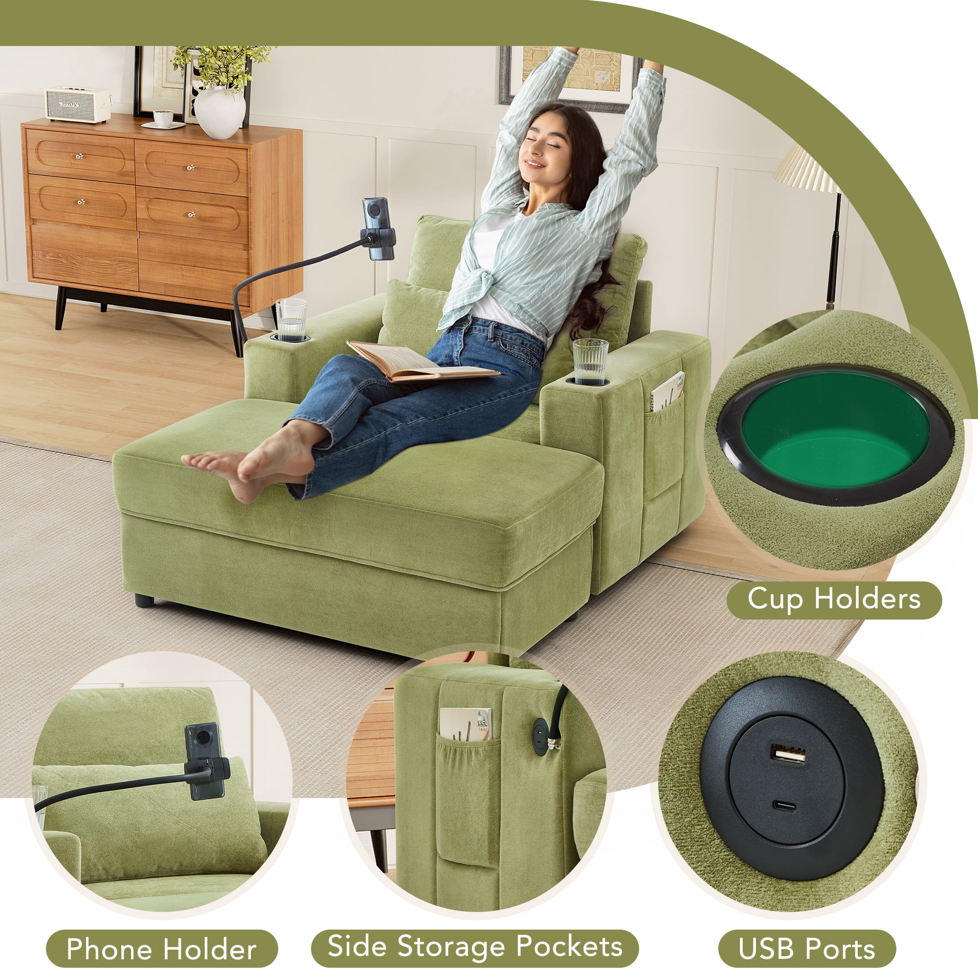 Euroco Convertible Chenille Recliner Chair with Storage Ottoman, USB Ports, Cup Holders & Phone Stand – Sleeper Armchair with Adjustable Backrest for Small Spaces