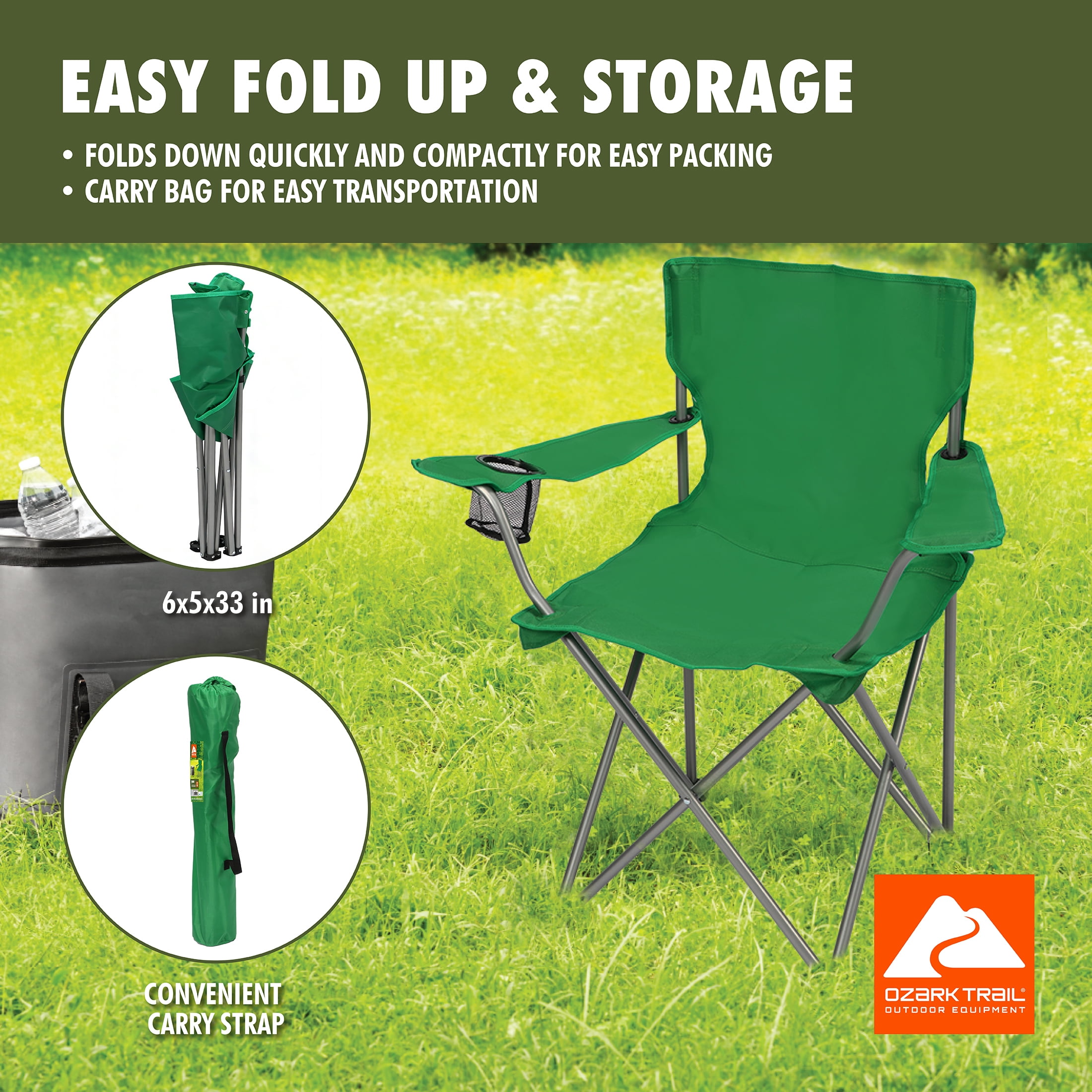 Ozark Trail Quad Folding Camp Chair with Cup Holder, Bright Green