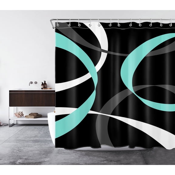 HVEST Abstract Shower Curtain, Teal White and Grey Abstract Ribbon Lines on Black Background Bathroom Shower Curtain Modern Aesthetics Polyester Fabric Decor Curtain with Hooks, 72X72 inch