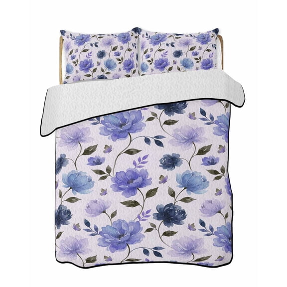 Quilts Queen Size Bedding Set, Blue Lavender Floral Reversible Summer Quilt 3 Pieces, Farmhouse Botanical Flowers Leaf Lightweight Bedspreads Coverlets with 2 Pillow Shams for All Seasons