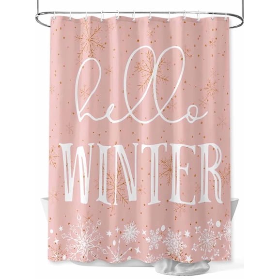Pink Hello Winter Long Shower Curtain Set, Waterproof Shower Curtains for Bathroom, Xmas Winter Snowflake Yellow Pink Washable Fabric Cloth Bath Curtain for Bathtub Decoration with Hooks 72x84 Inches