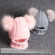 thumbnail image 3 of Gorro de lana para niños, conjunto de bufanda y gorro de punto con doble bola y piel de mapache sintética, 3 of 5