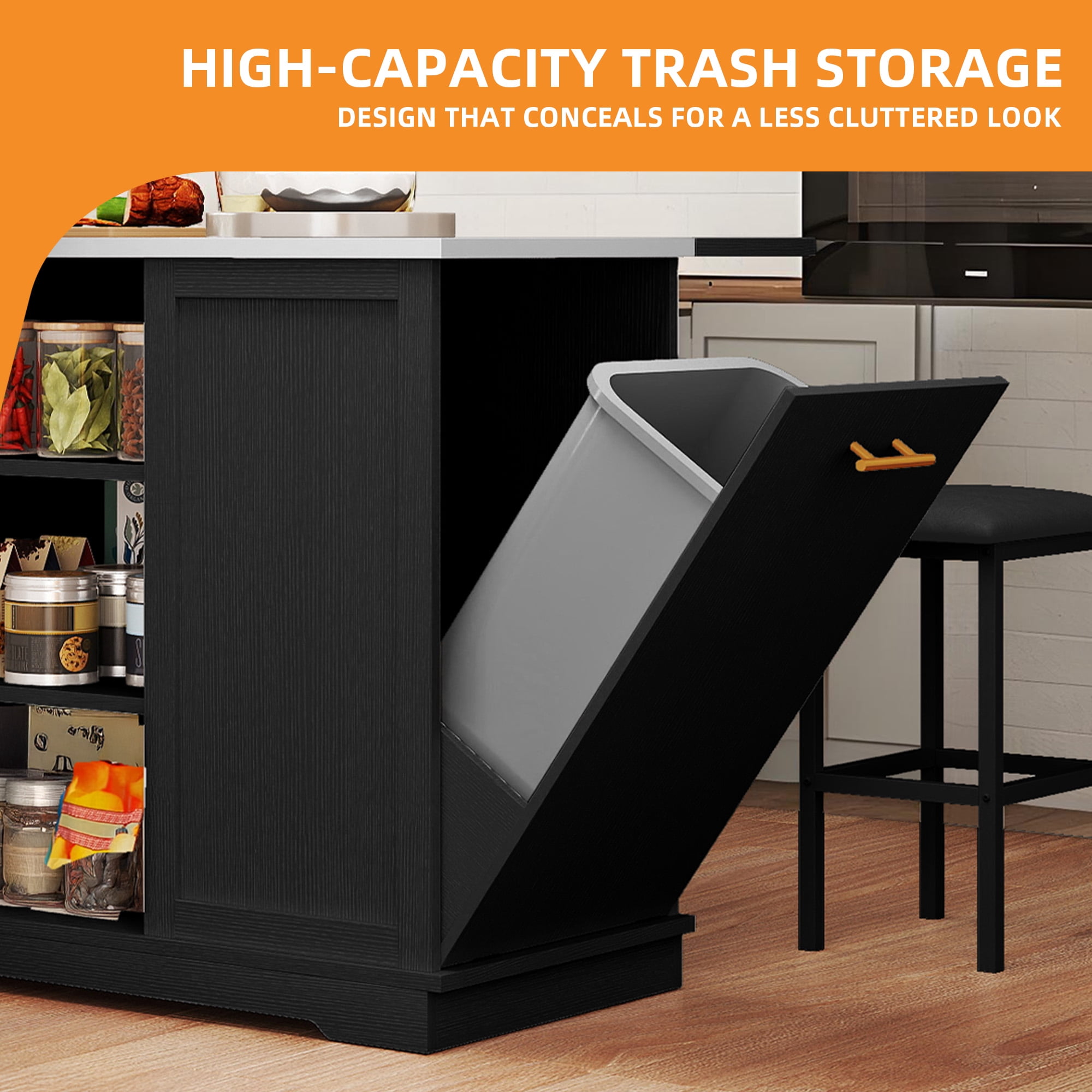 Craftian Kitchen Island with Drop Leaf & Trash Storage, Kitchen Island Table with Stools, Black