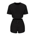 thumbnail image 4 of REORIAFEE Women 2 Piece Outfits Sets Golf Athletic Clubwear Disco Outfit Fashion Women's Short Sleeve Round Neck Elastic Casual Blouse Shirts Sets Black L, 4 of 5