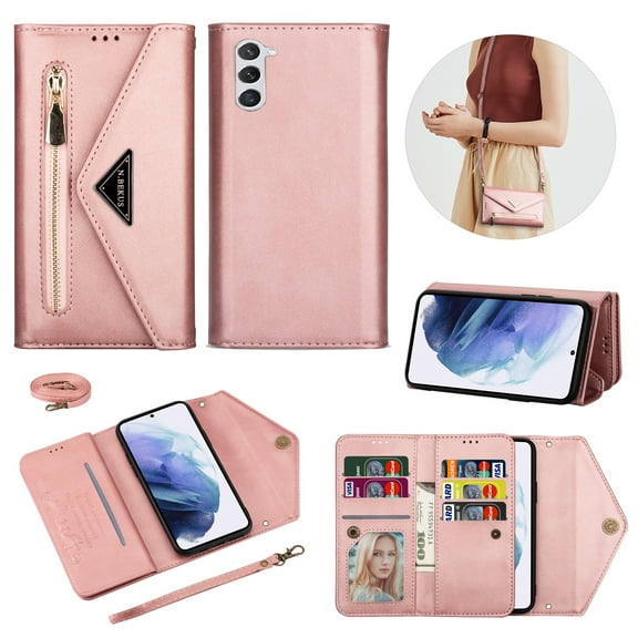 SaniMore Galaxy S23 Plus 5G Case Crossbody Wallet, Adjustable Shoulder Hand Strap Card Holder Magnetic Kickstand Zipper Pocket Purse Protective Case Women for Samsung Galaxy S23 Plus, Rosegold