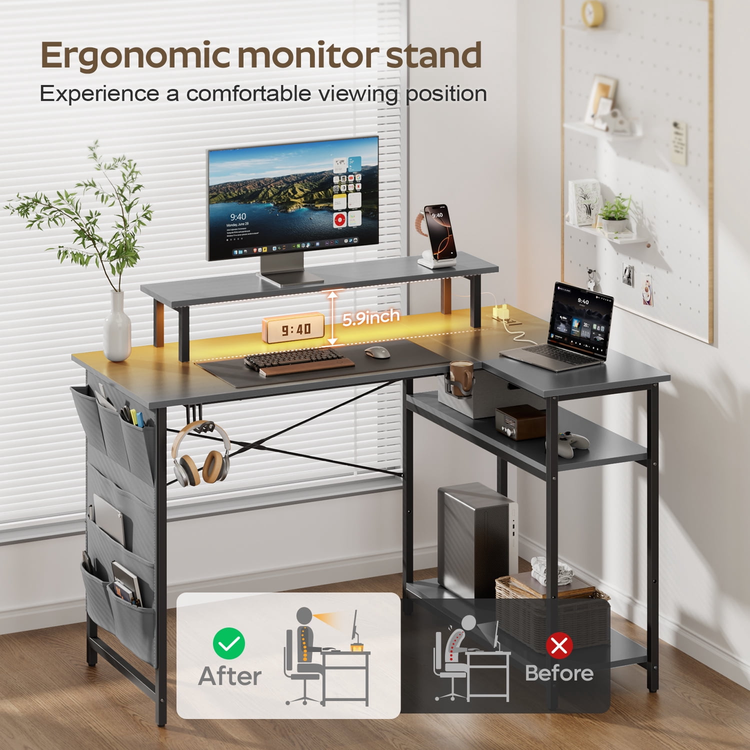HLDIRECT 43 Inch L Shaped Computer Desk with Power Outlet, Gaming Corner Desk with LED Lights, Home Office Table with Storage Shelves & Monitor Stand, Grey