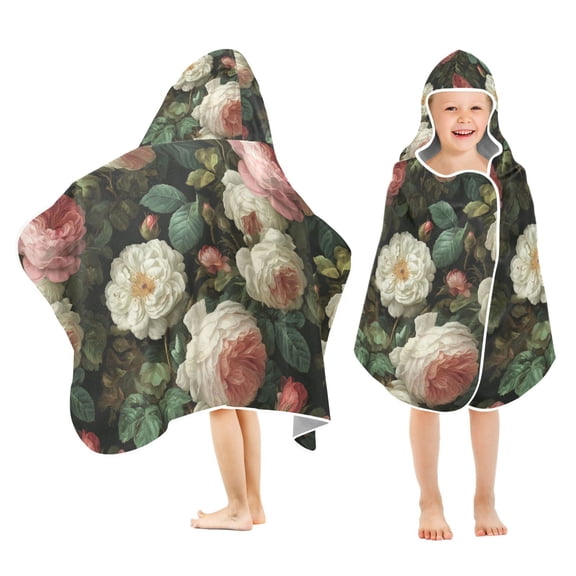 Yayeee Kids Hooded Towel with Hand Pockets Beach Soft Absorbent Bath Wrap 50 x 23.5 inch, White and Pink Roses