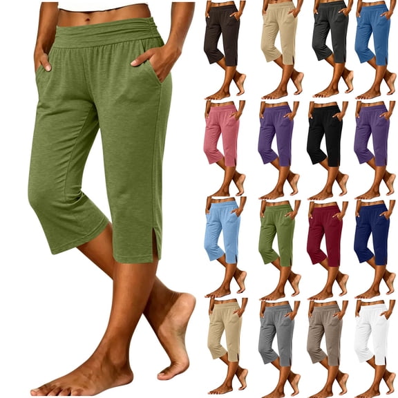 Antqov Capri Pants for Women Elastic High Waisted Stretch Straight Summer Capris with Pockets Casual Soft Cropped Pants, S-2XL