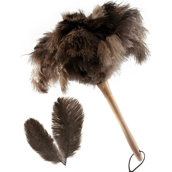 Ostrich Feather Duster,Hand Bellows Duster,NOGIS Feather Duster Fluffy Natural Genuine Ostrich Feathers with Wooden Handle and Reusable Handheld Ostrich Feather, Gray and Brown 16 inch