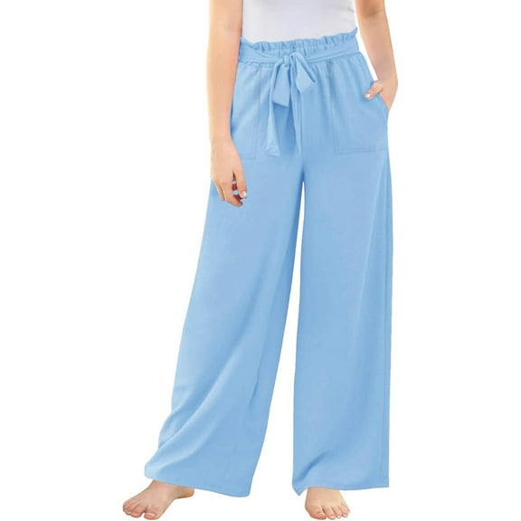 FAOWME Girls Wide Leg Pants High Elastic Smocked Waist Casual Flowy Cute Long Trousers Light Blue 7-8 Years