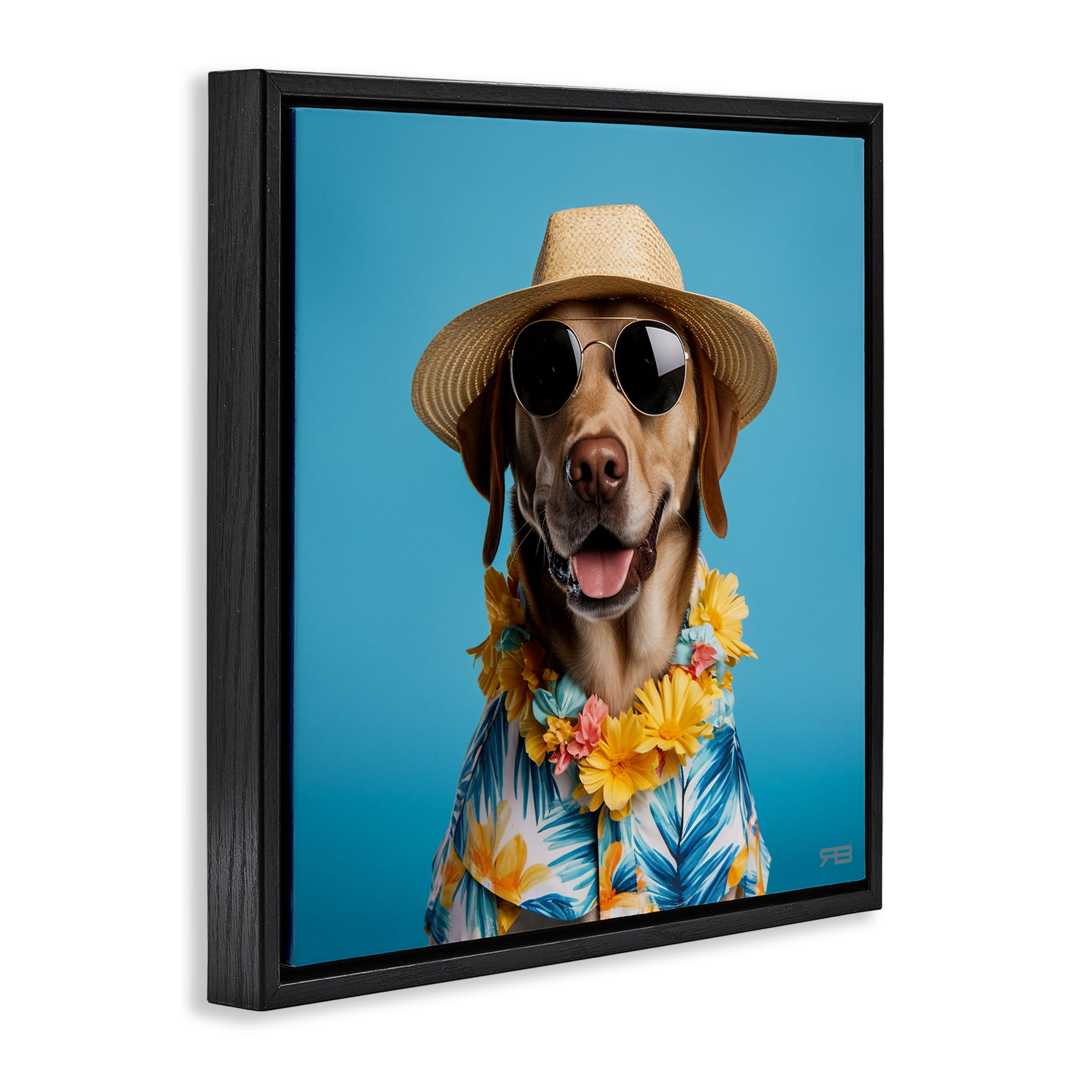 Stupell Industries Dog with Aloha Shirt Animals & Insects Painting Black Floater Framed Canvas Art Print Wall Art, 18 x 18