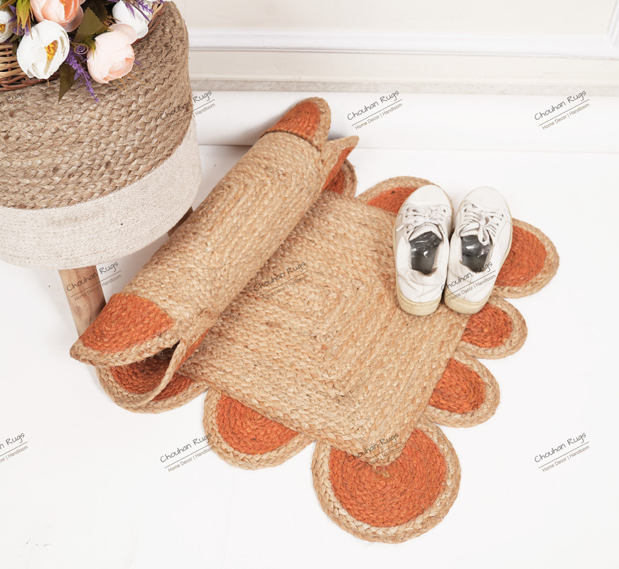 Area Rug Natural Fiber Jute Hand Braided Rug Orange Scalloped Pattern Rug