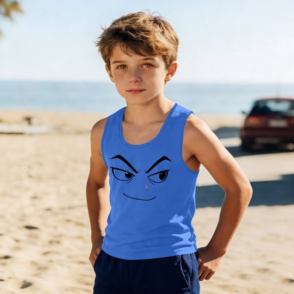 ITSAME Boys Tank Tops, Athletic Fit Round Neck Funny Face Graphic Summer Casual Stylish Loose Sleeveless Shirt Blue 4T