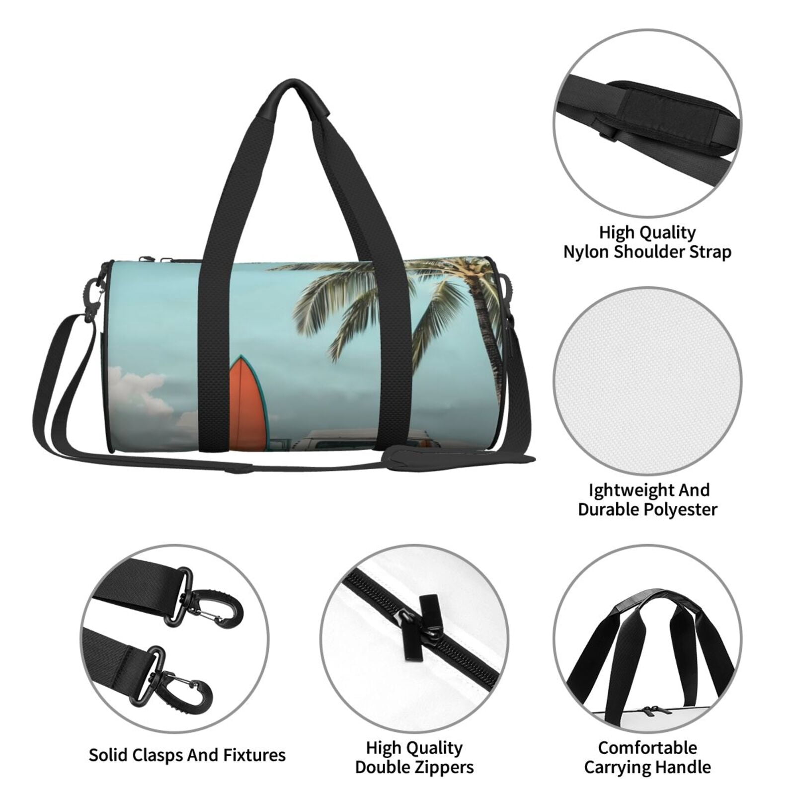 Vsdgher Vintage Surf Van Beach 45L Foldable Duffel Bag, Sports Gym Bag,Overnight Bag, Portable Weekender Bag for Airplanes