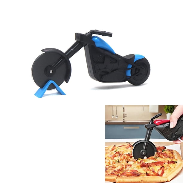 1 cortador de pizza para motocicleta (21,9 x 9 cm, negro y azul), rodillo para cuchillo de pizza hecho de acero inoxidable y plástico, decoración ideal y regalo creativo.