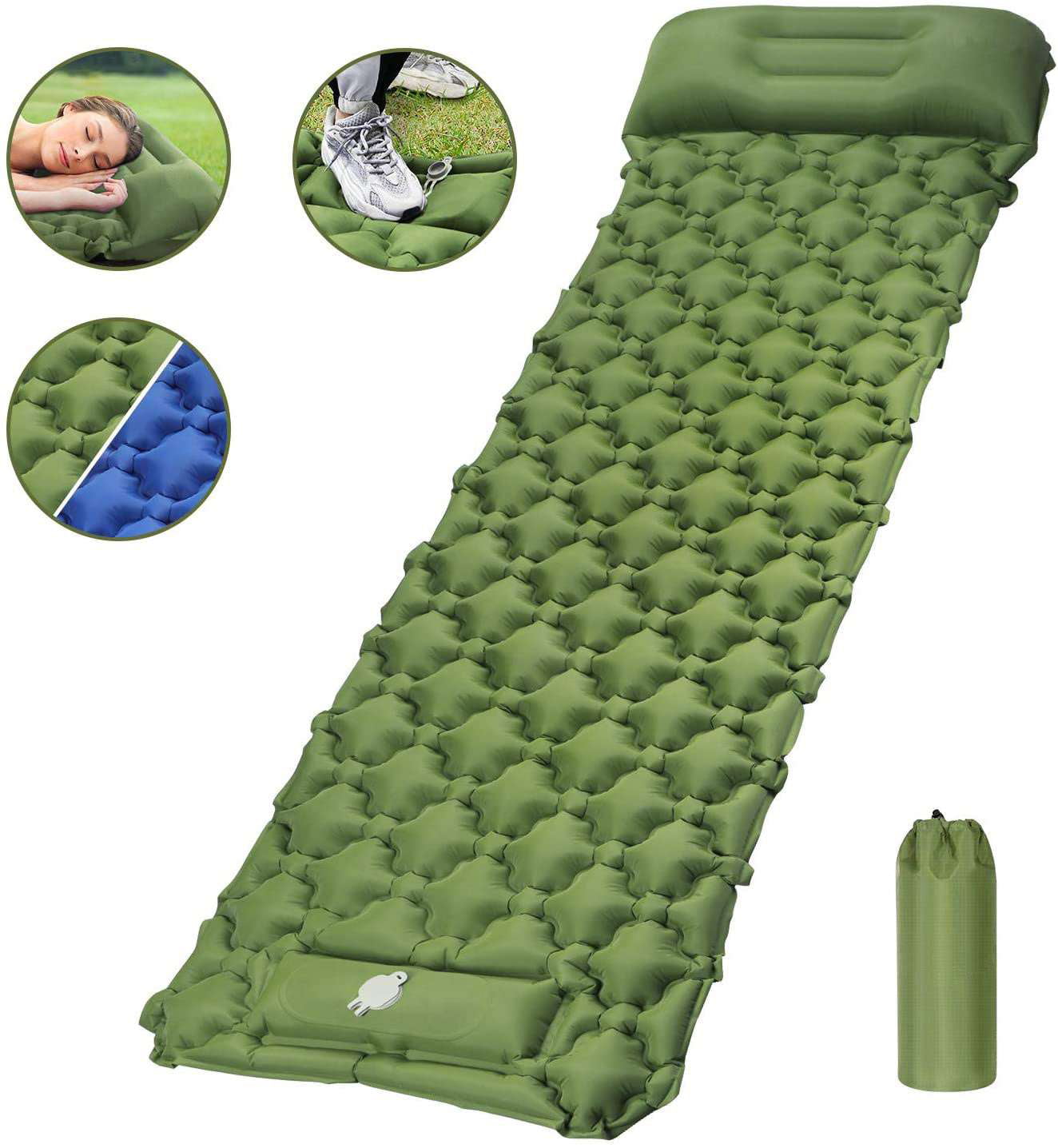 Green Deeplee Camping Mat Single Inflatable Sleeping Mat with Pillow 