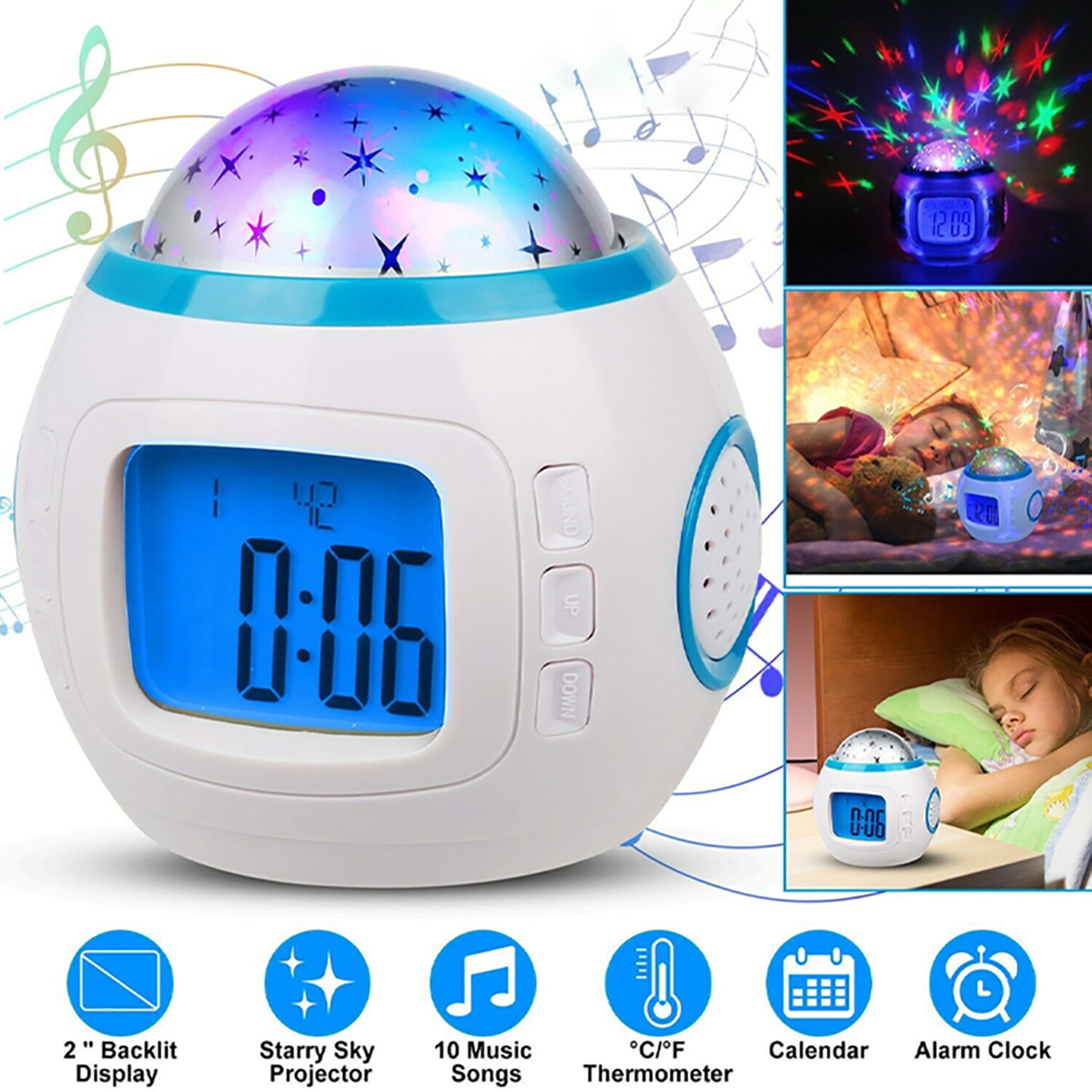 Music Starry Star Sky LED Projection Digital Alarm Clock Thermometer Calendar 
