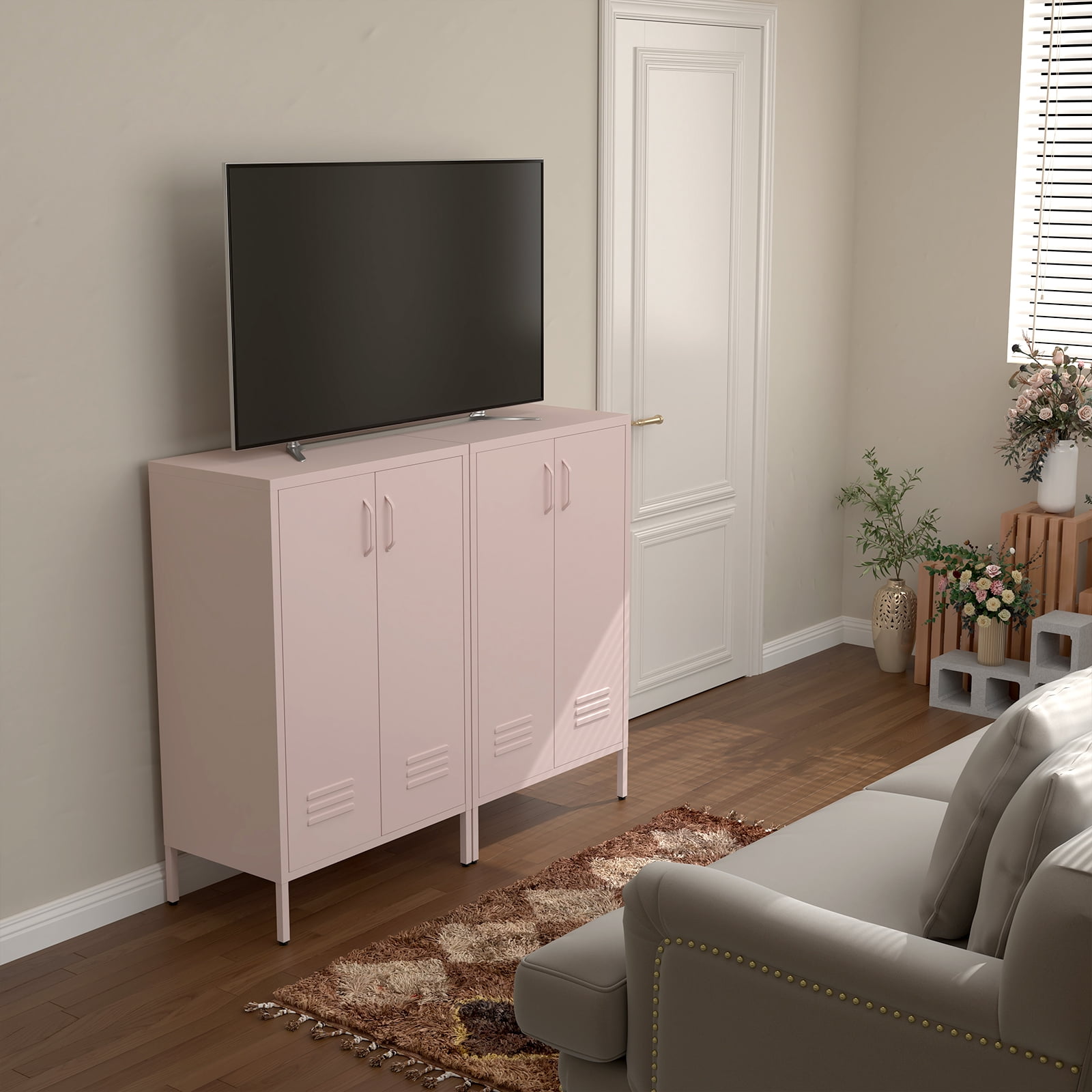 Marcree Metal Storage Cabinet, 2 Doors Accent Cabinet, Sideboard Cabinet with Adjustable Shelves, Morden Locker Cabinets with Feet for Living Room, Kitchen Pantry, Office, Pink