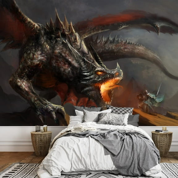 wall26 - Fantasy Scene Knight Fighting Dragon - Removable Wall Mural | Self-Adhesive Large Wallpaper - 100x144 inches