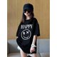 thumbnail image 1 of 1pc Teen Girls' Oversized Casual T-Shirt with Bold "HAPPY" Letter & joyful Face Print - Soft Polyester Blend, Crew Neck, Short Sleeve, Loose Fit for Spring/Summer, 1 of 5