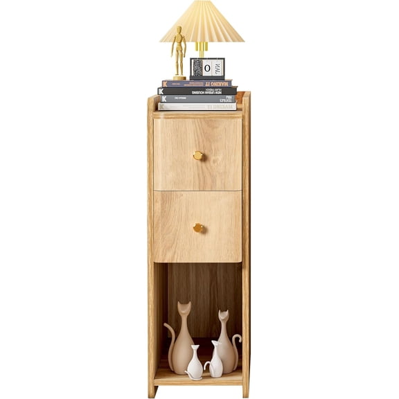 Mid Century Natural Wood Narrow Nightstand 2 Drawers, Slim Side Table for Small Bedroom