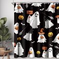 thumbnail image 4 of Cortina de ducha de tela con forma de fantasma de Halloween, con dibujos animados divertidos y espeluznantes, calaveras, para niños en blanco y negro, para fiestas navideñas, con ganchos, 4 of 5