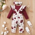 thumbnail image 4 of Emy Dola Newborn Infant 3pcs Outfits Baby Girls Long Sleeve Ruffle Romper Tops+ Flower Suspender Pants+ Headband Chothes Set, 4 of 11
