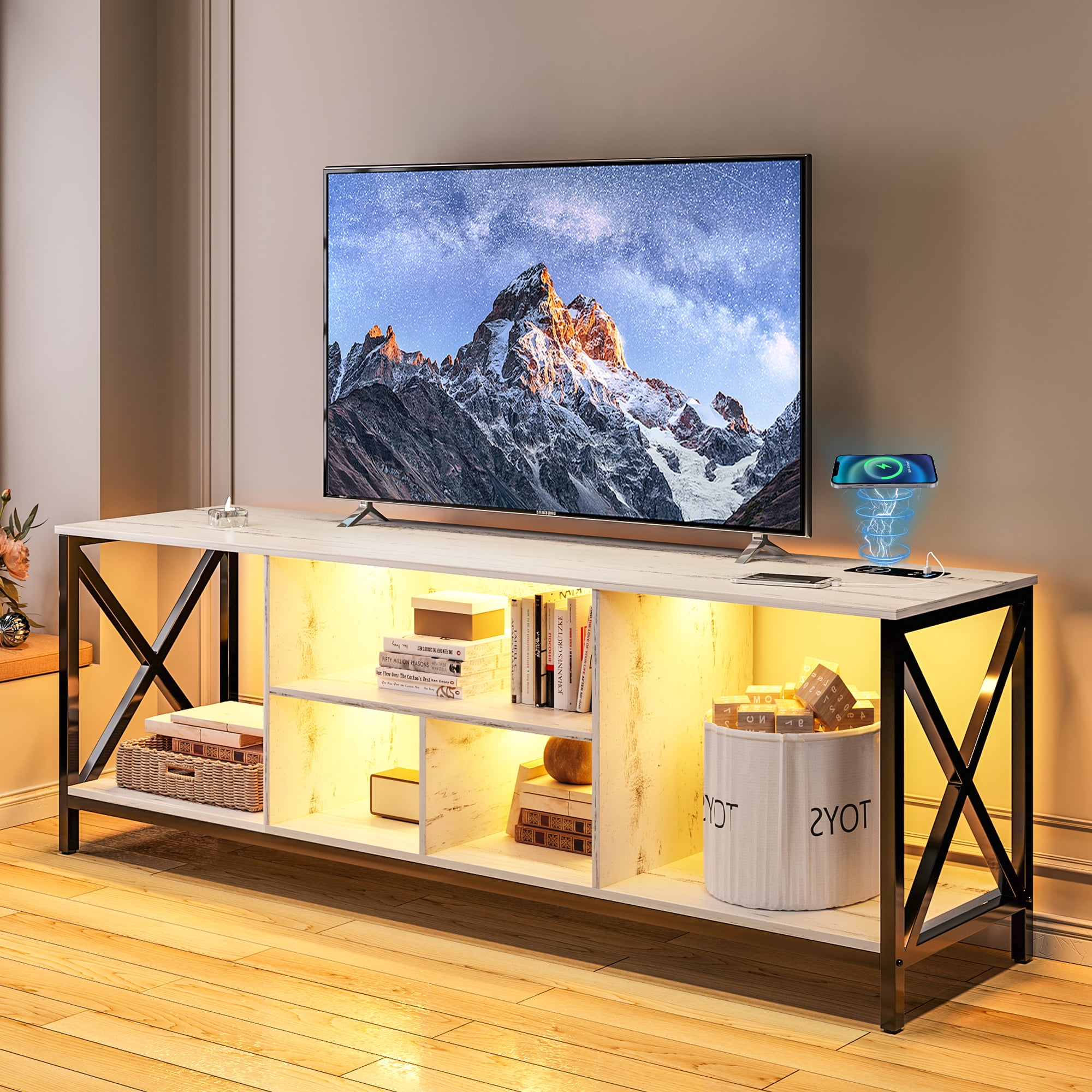 HNEBC LED White TV Stand with USB/Wireless Charging Station,Television