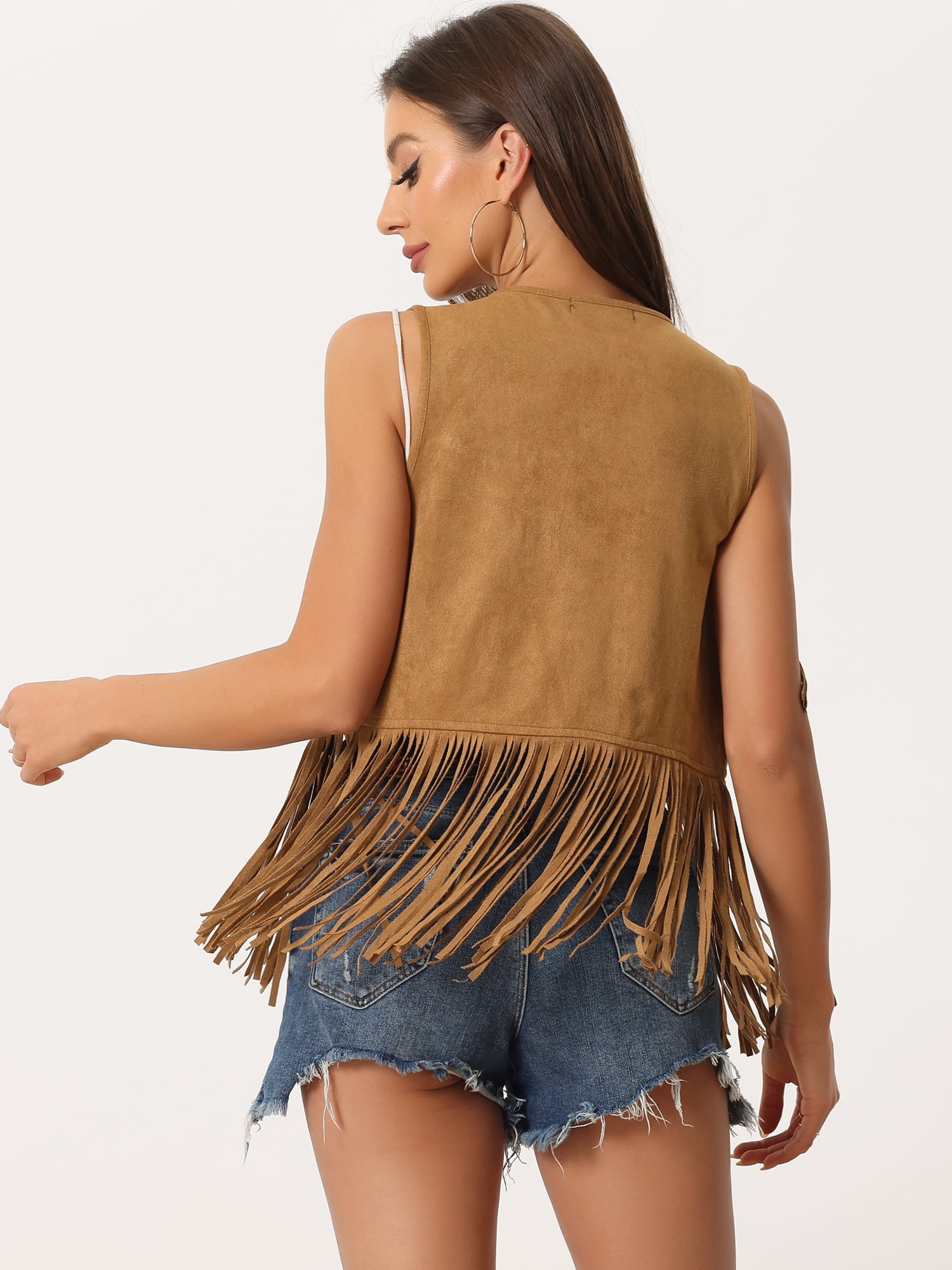 DARING DIVA Women's Fringe Vest Open Front Outfits Faux Suede Tassel Cardigan XS Yellow
