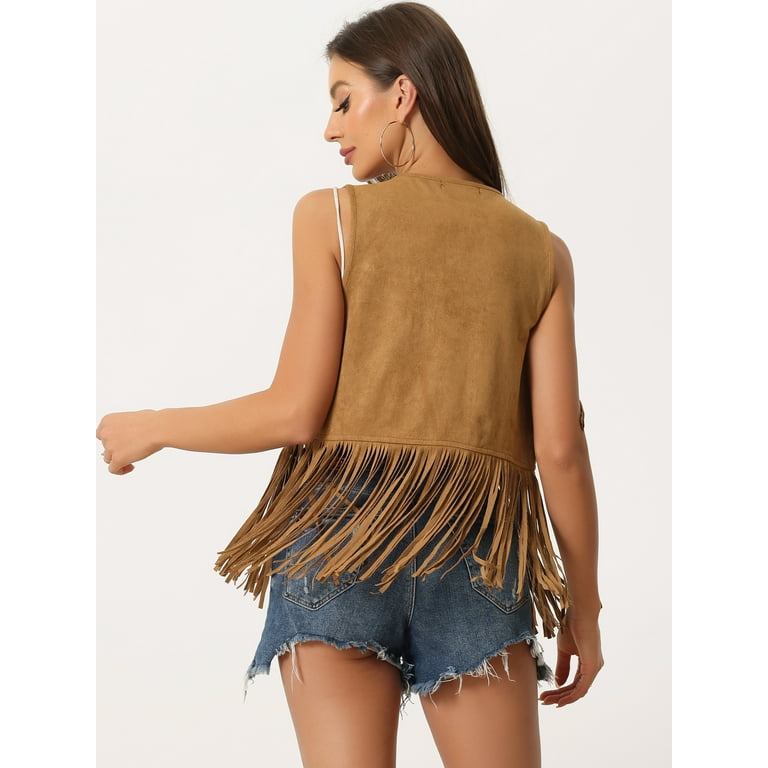 DARING DIVA Women's Fringe Vest Outfits Faux Suede Tassel