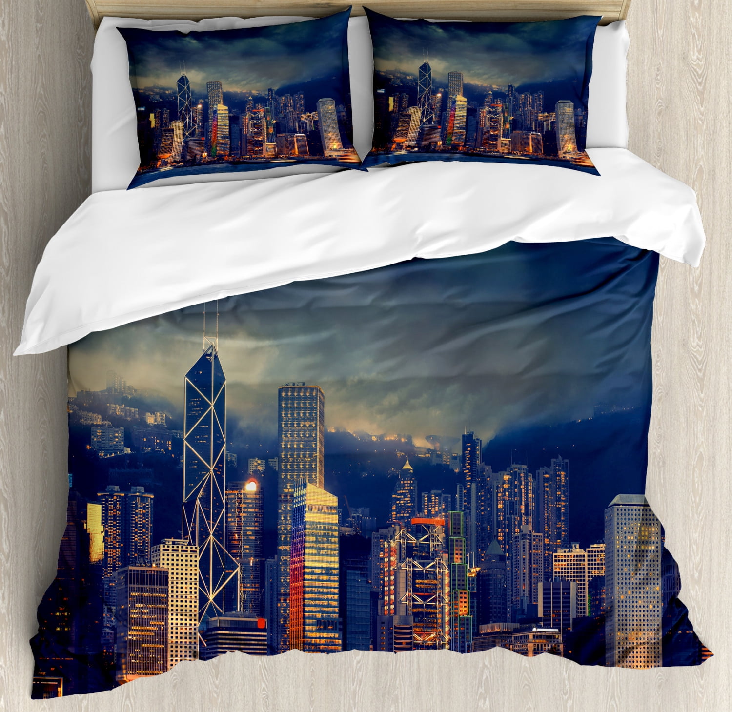 Cityscape Duvet Cover Set, Hong Kong Cityscape Stormy Weather Dark