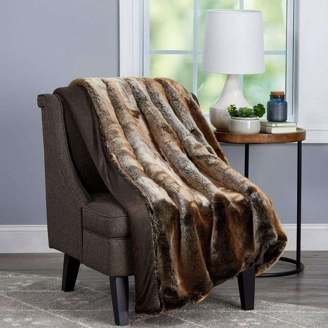 Faux Fur Throw - Luxurious, Hypoallergenic Premium Zobel Faux Marten Sable Fur Blanket with Faux Mink Back and Gift Box, 60x70” by LHC (Amber Brown)