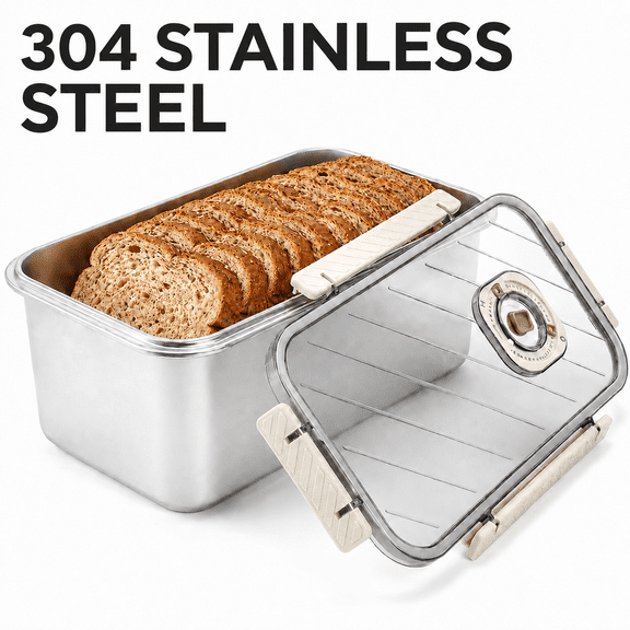 Time Recording Bread Storage Container with Lid, Stainless Steel Bread Box for Homemade Bread Vegetable Cookies Fruit and Kitchen Counter Storage (Silver)