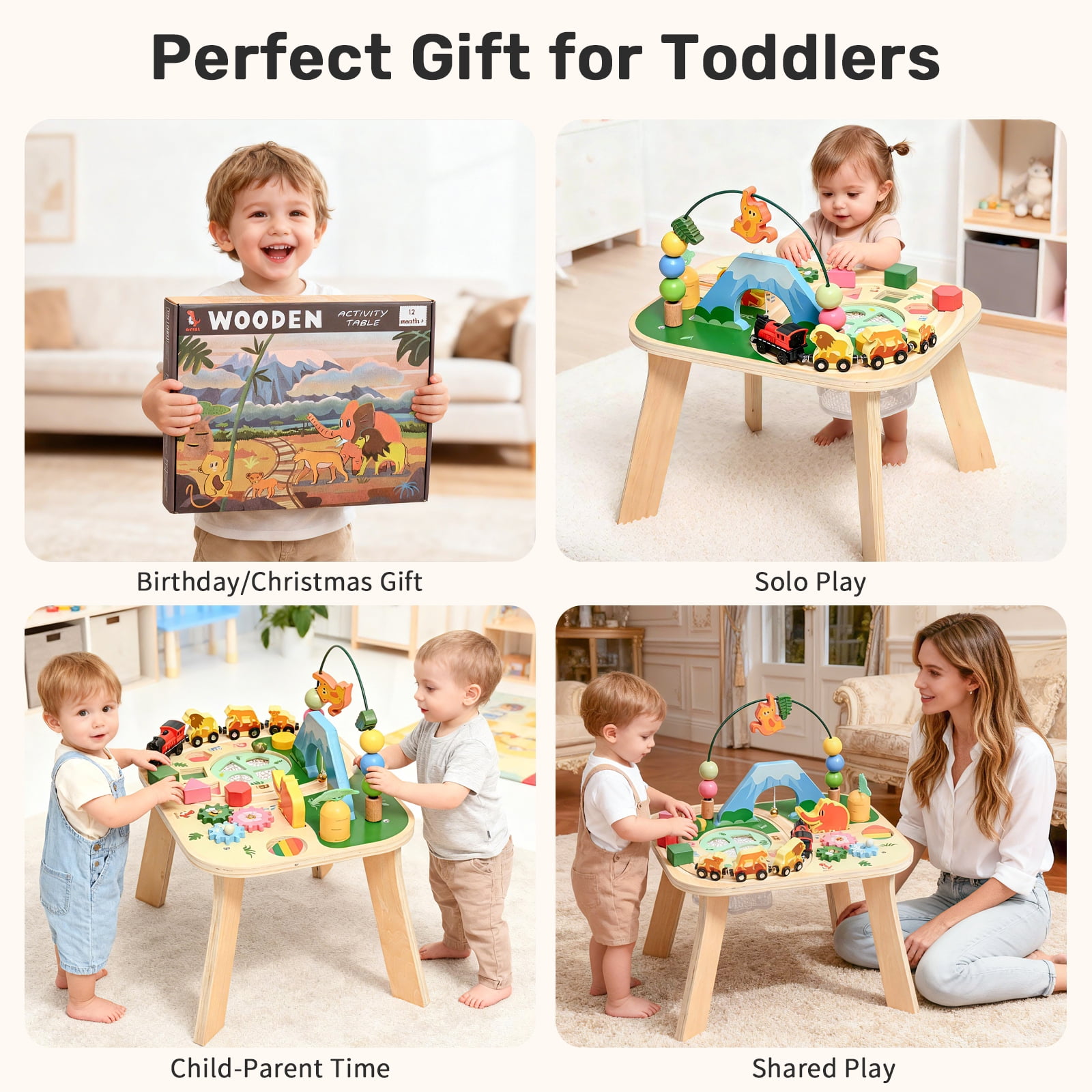 OATHX Toy Bead Maze Train Track Toddler Activity Table Kids Wooden Montessori Learn Sensory Toys for 1-5 Year
