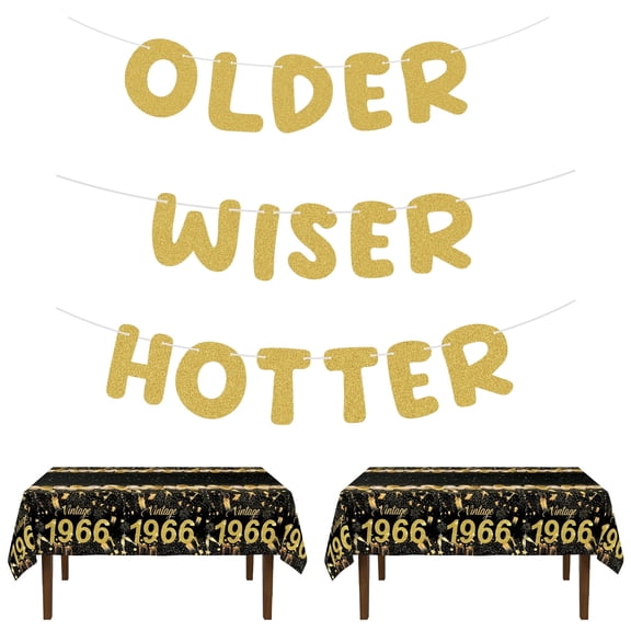 OLDER WISER HOTTER Birthday Decor Set - Premium Tablecloth & 3 Glitter Banner Kit, Funny 60th Party Supplies for Women & Men (Gold)