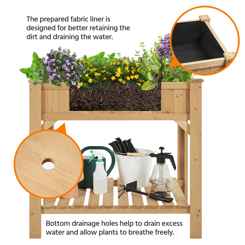 ALden design 8-Pocket Wood Elevated Garden Planter with Fabric Liner, Light Brown