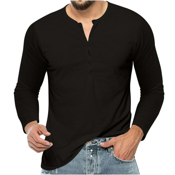 Blusas y camisas de manga larga con cuello redondo para hombre, cuello redondo, botones, boca plana, deportivas para hombre, blusas y camisas de manga larga con cuello redondo para hombre