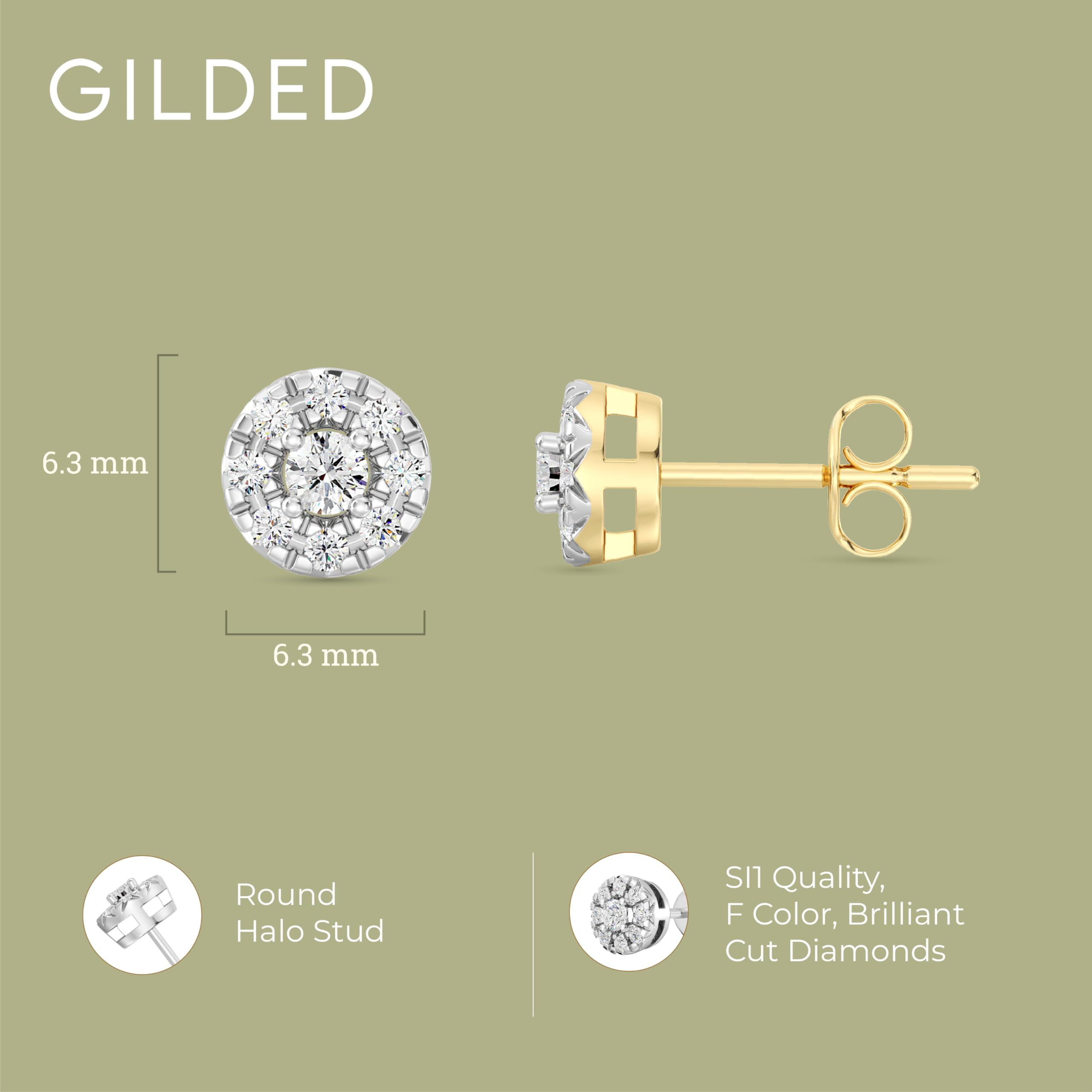Gilded 1/4 Carat Total Weight Lab-Grown Diamond 14KT Yellow Gold Plated Silver Stud Earrings for Women, Round Halo Shaped, Hypoallergenic Fine Jewelry, Prong Setting Push Back Nut SI1 Clarity F Color